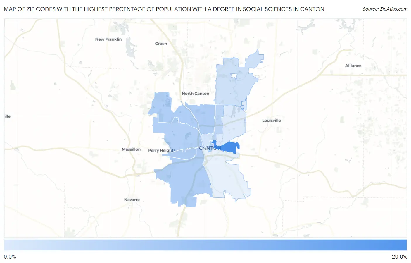 Zip Codes with the Highest Percentage of Population with a Degree in Social Sciences in Canton Map