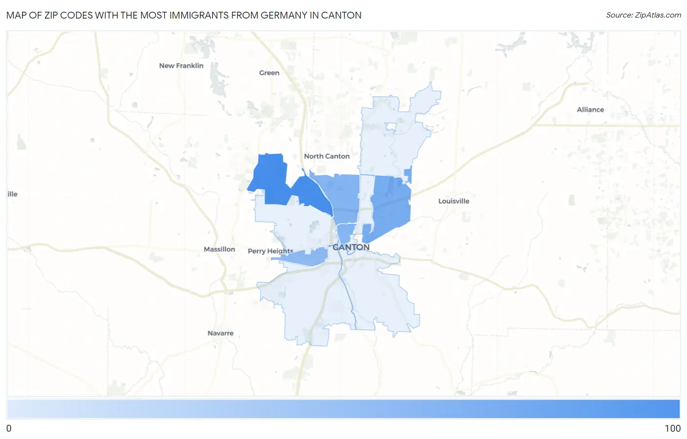 Zip Codes with the Most Immigrants from Germany in Canton Map