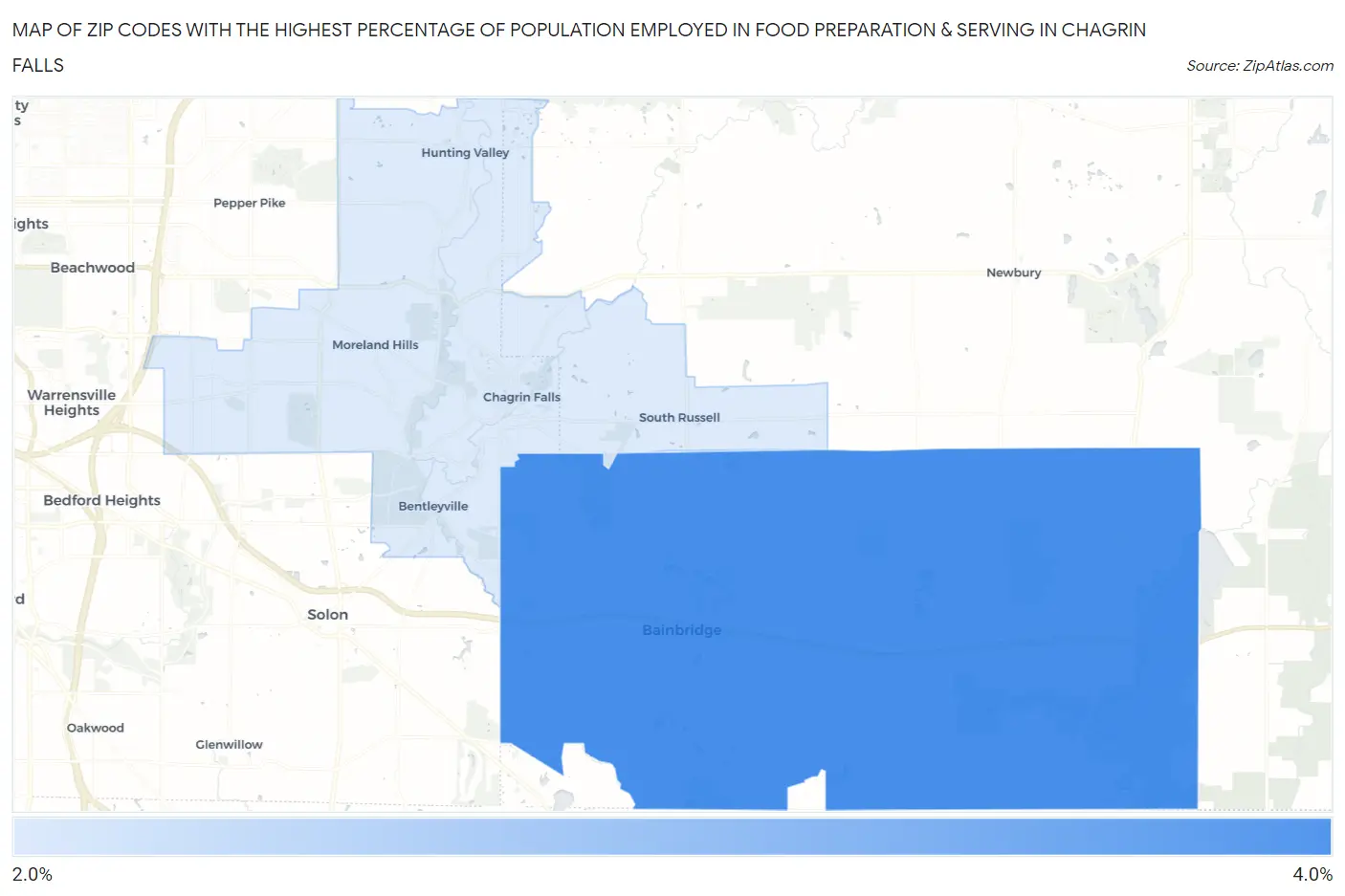 Zip Codes with the Highest Percentage of Population Employed in Food Preparation & Serving in Chagrin Falls Map