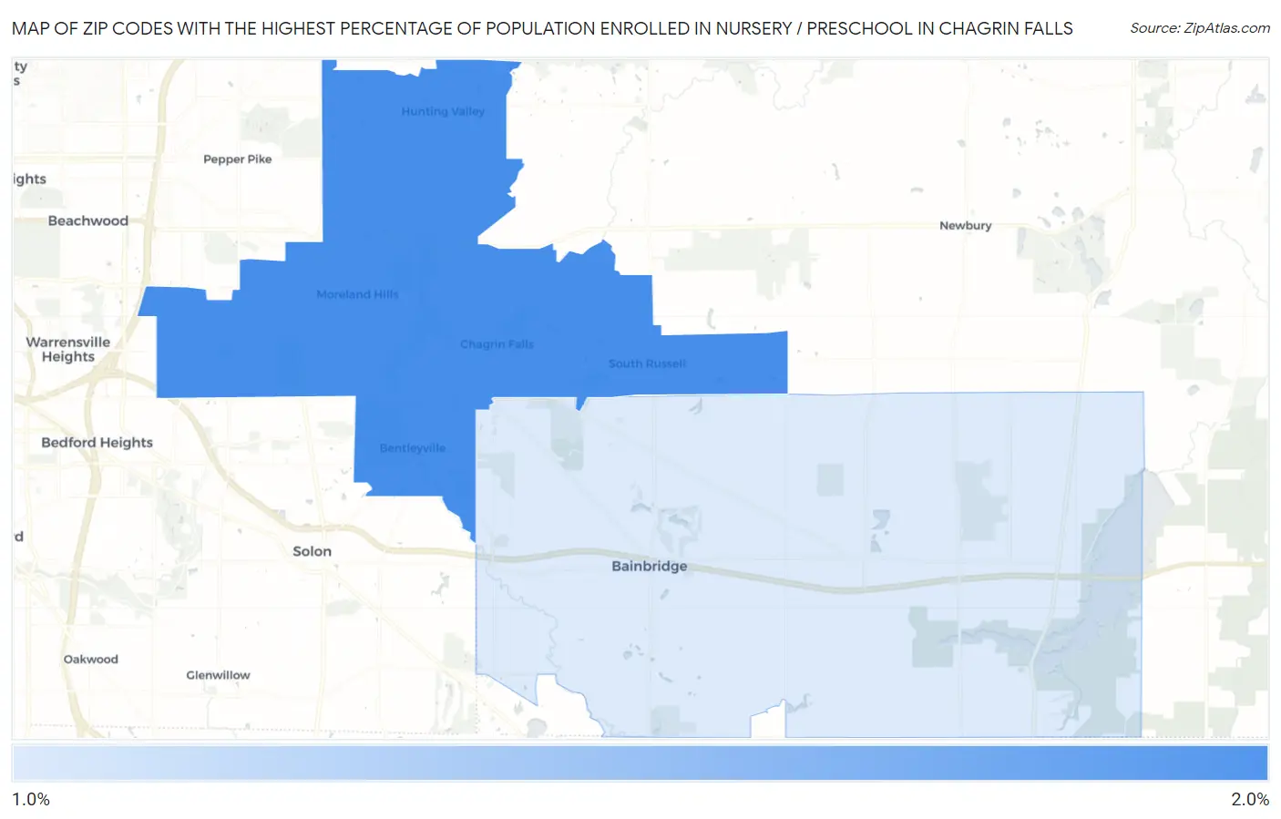 Zip Codes with the Highest Percentage of Population Enrolled in Nursery / Preschool in Chagrin Falls Map