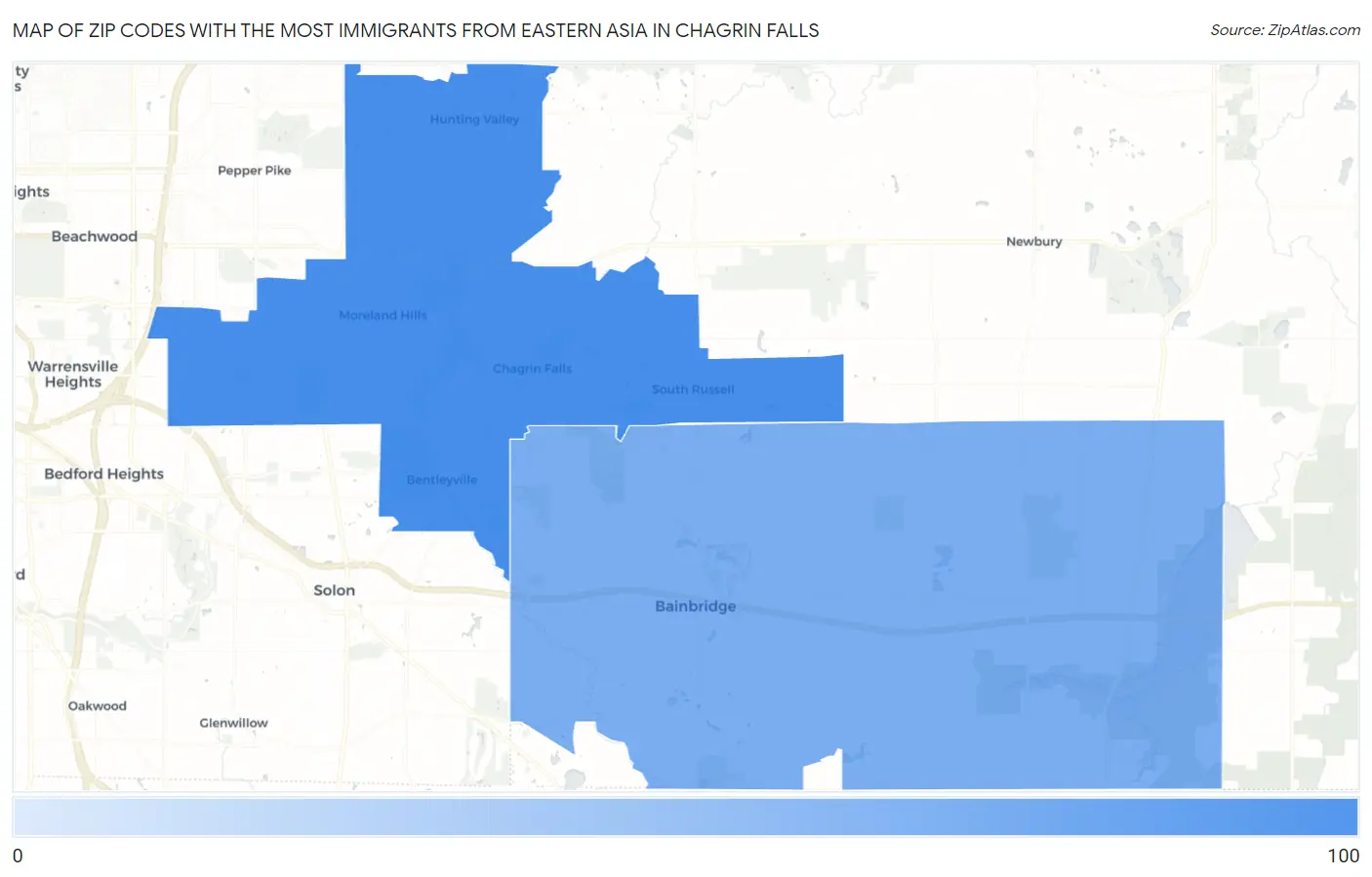 Zip Codes with the Most Immigrants from Eastern Asia in Chagrin Falls Map