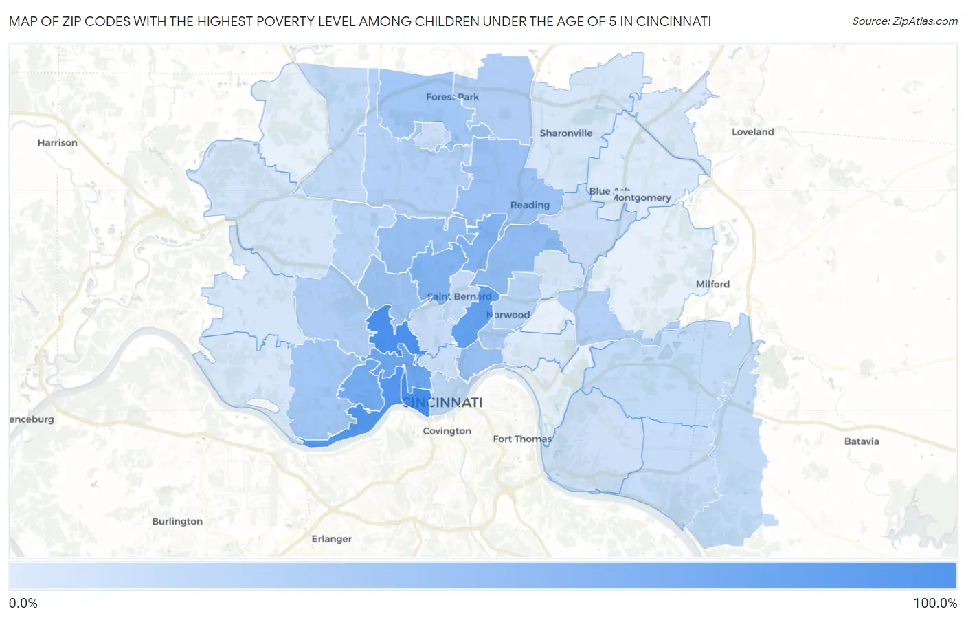 Zip Codes with the Highest Poverty Level Among Children Under the Age of 5 in Cincinnati Map