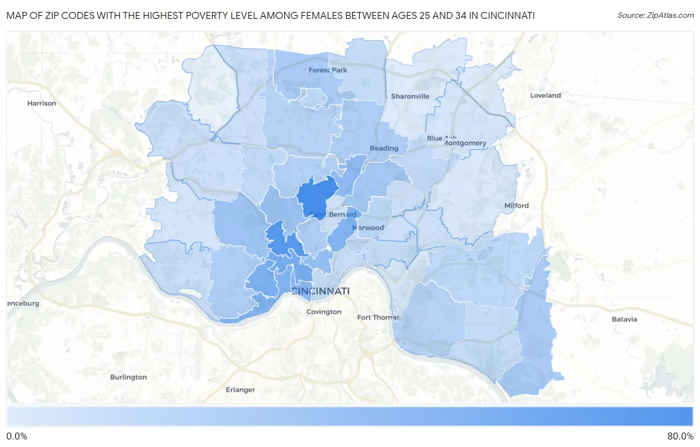 Zip Codes with the Highest Poverty Level Among Females Between Ages 25 and 34 in Cincinnati Map