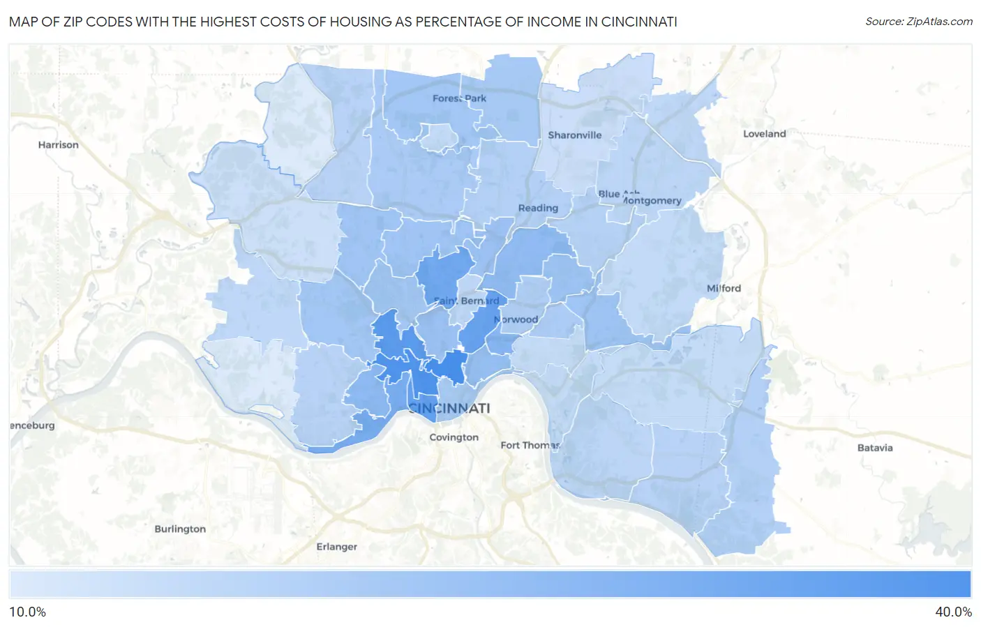 Zip Codes with the Highest Costs of Housing as Percentage of Income in Cincinnati Map
