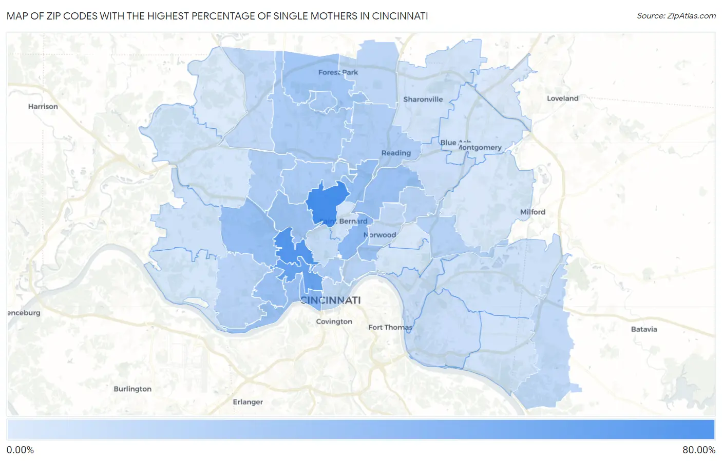 Zip Codes with the Highest Percentage of Single Mothers in Cincinnati Map