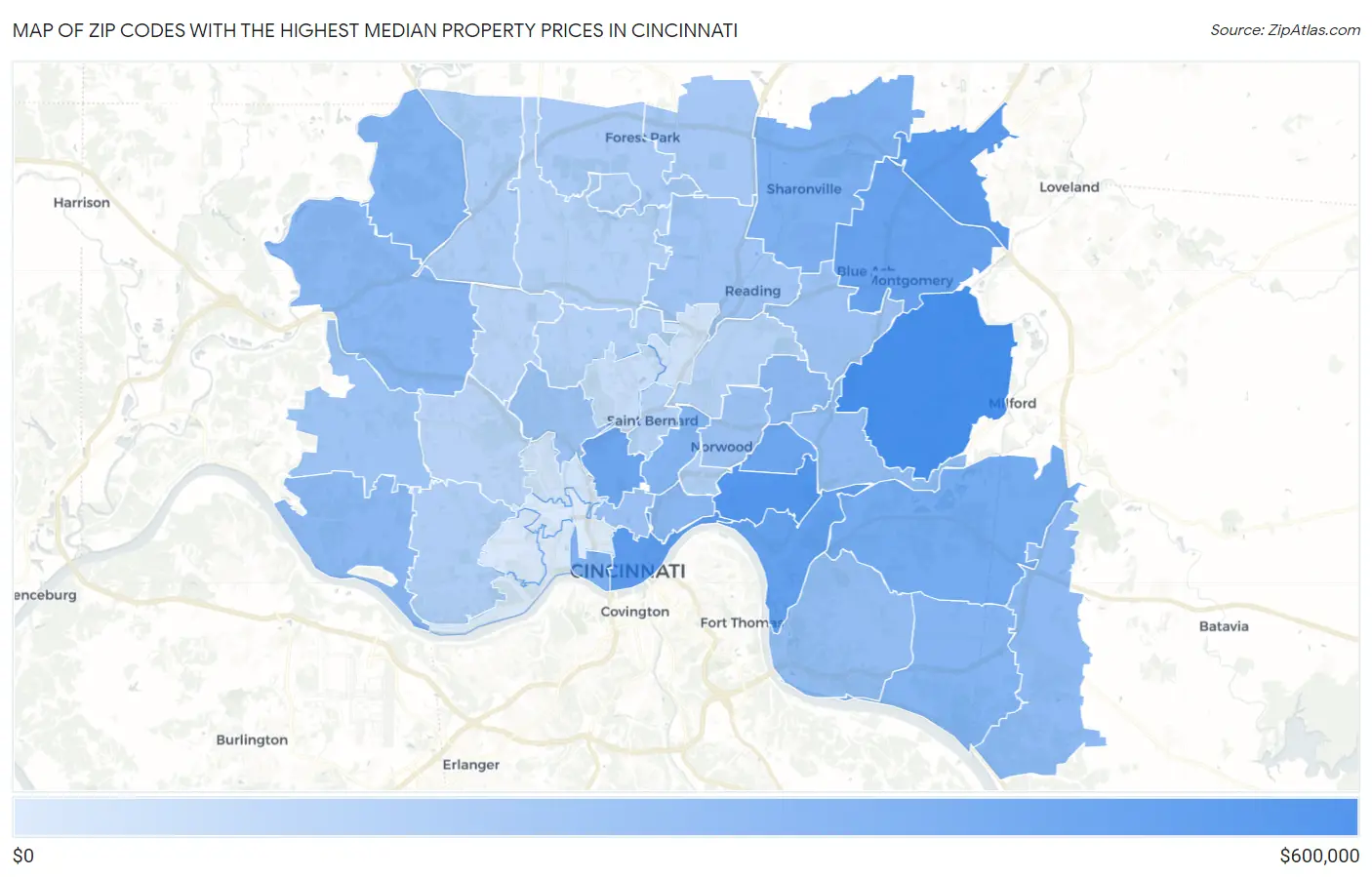 Zip Codes with the Highest Median Property Prices in Cincinnati Map