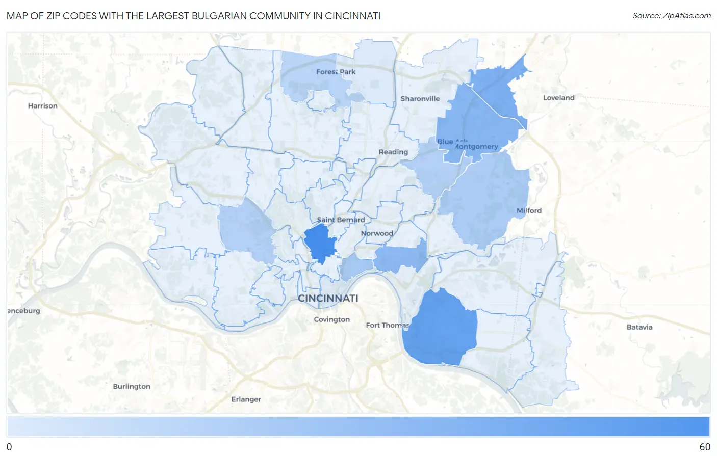 Zip Codes with the Largest Bulgarian Community in Cincinnati Map