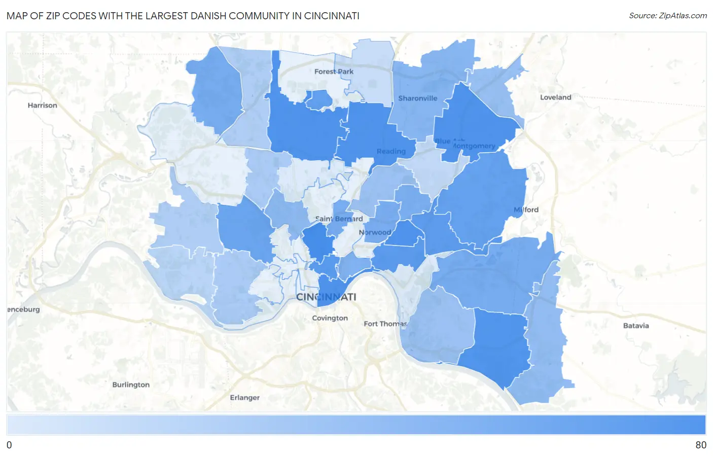 Zip Codes with the Largest Danish Community in Cincinnati Map