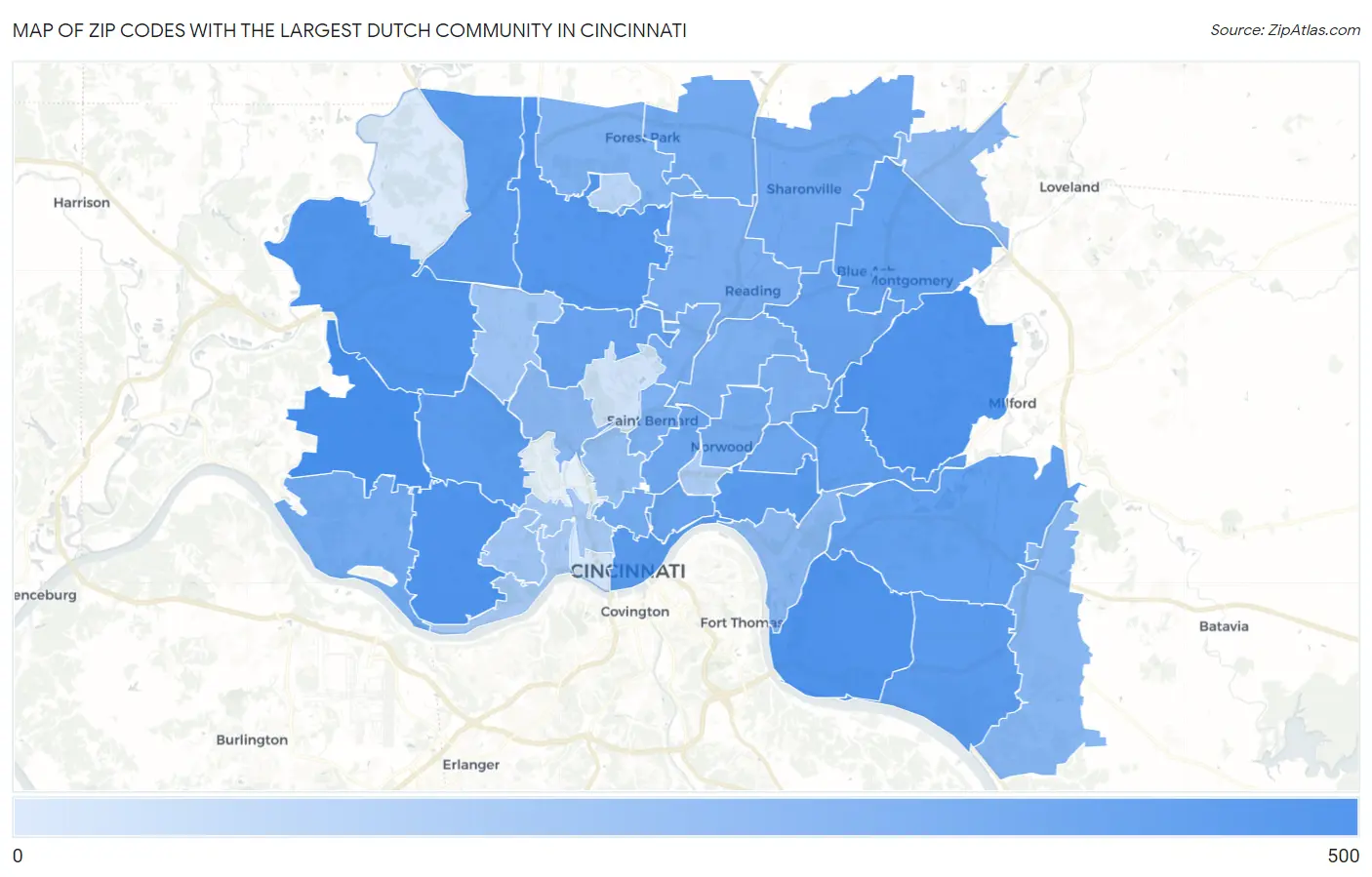 Zip Codes with the Largest Dutch Community in Cincinnati Map