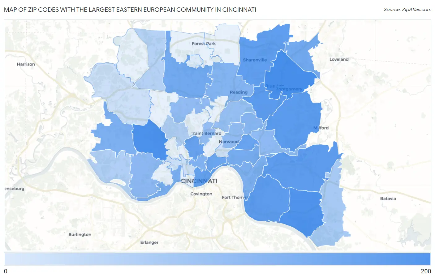 Zip Codes with the Largest Eastern European Community in Cincinnati Map
