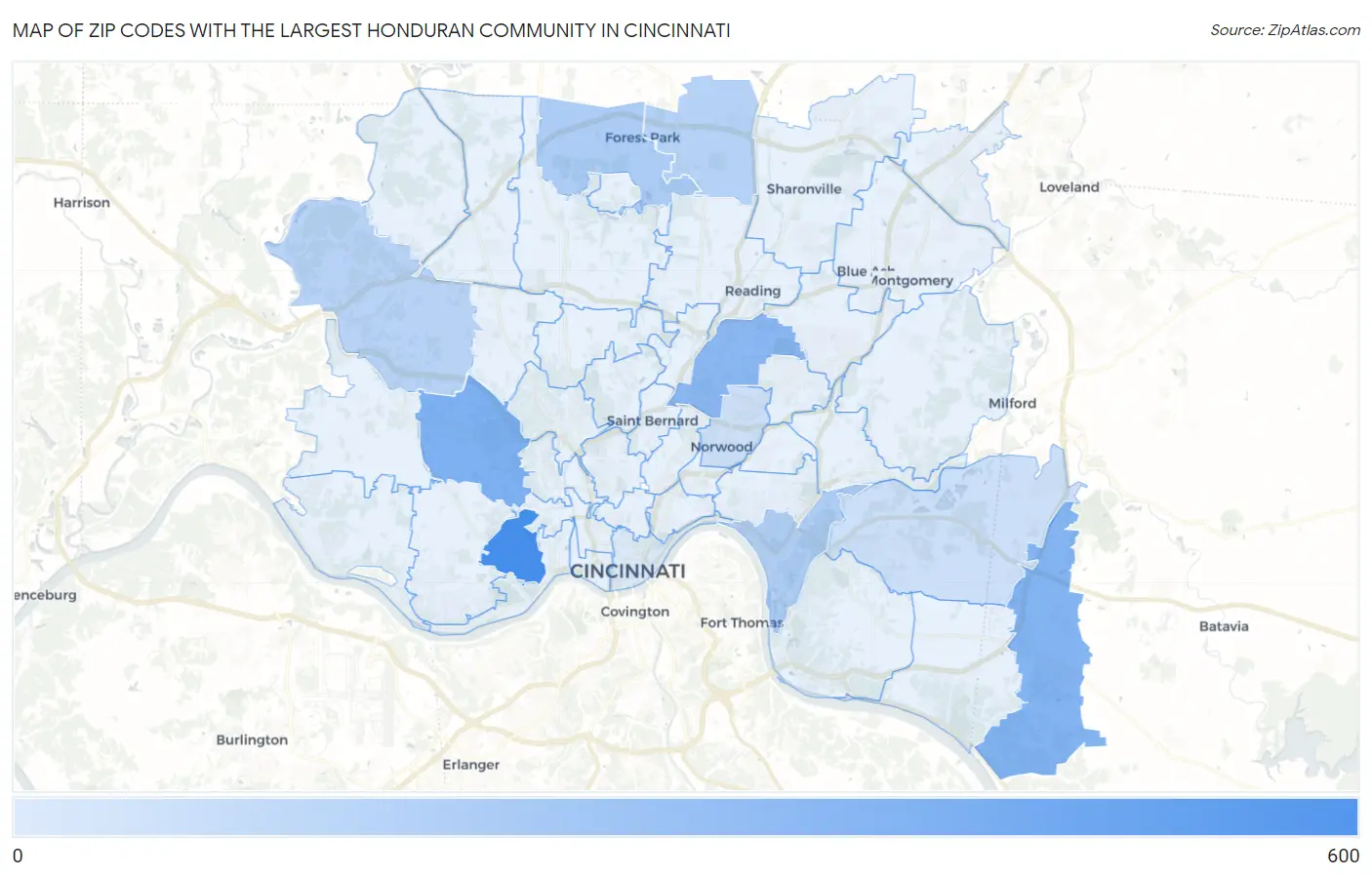 Zip Codes with the Largest Honduran Community in Cincinnati Map