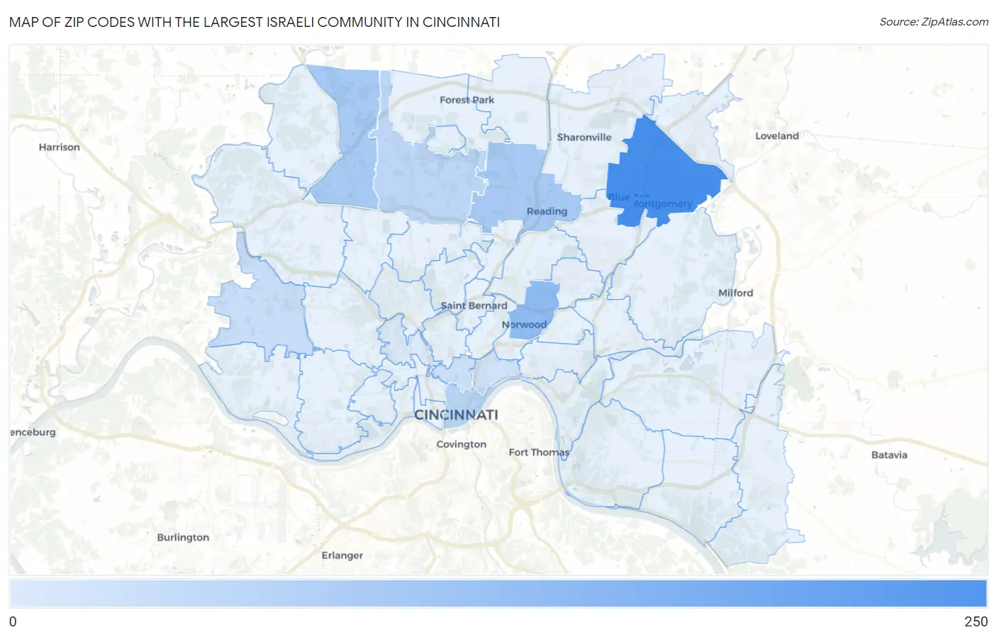 Zip Codes with the Largest Israeli Community in Cincinnati Map