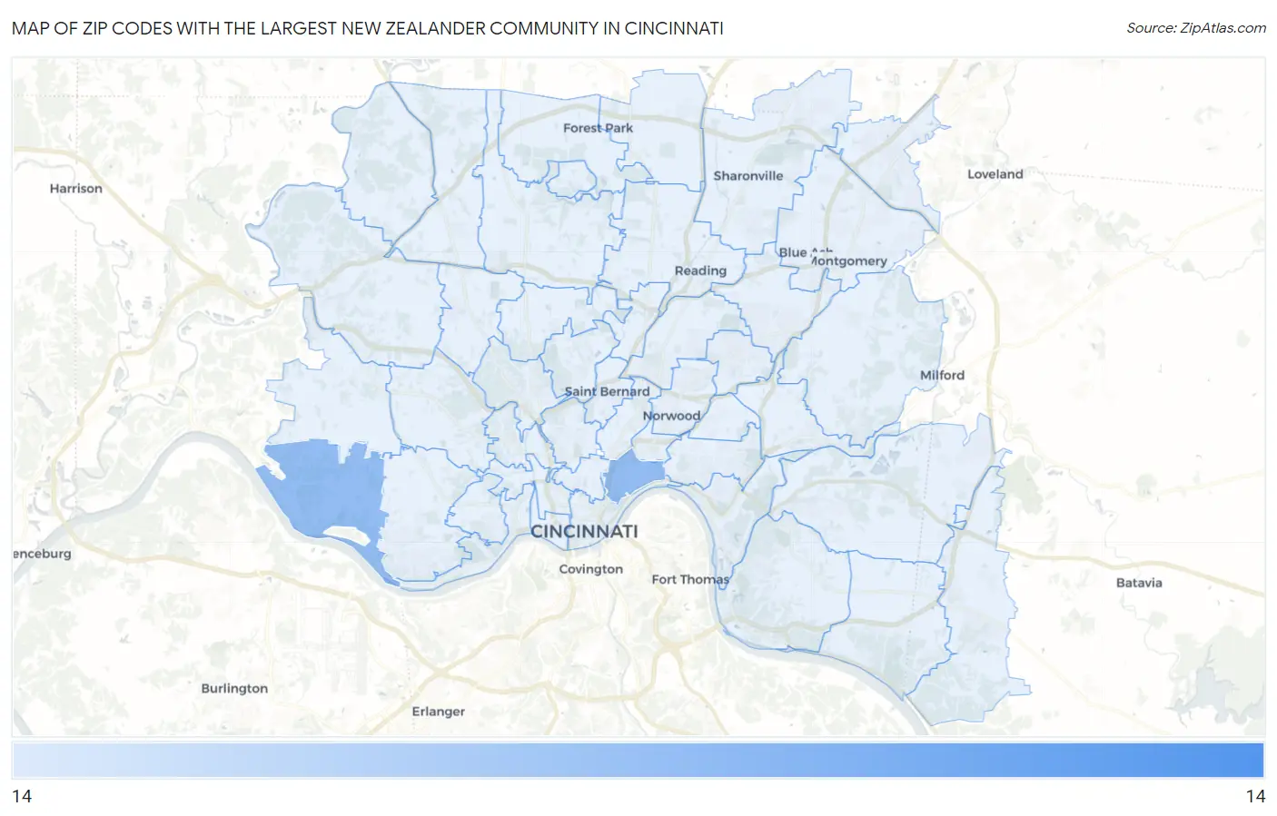Zip Codes with the Largest New Zealander Community in Cincinnati Map