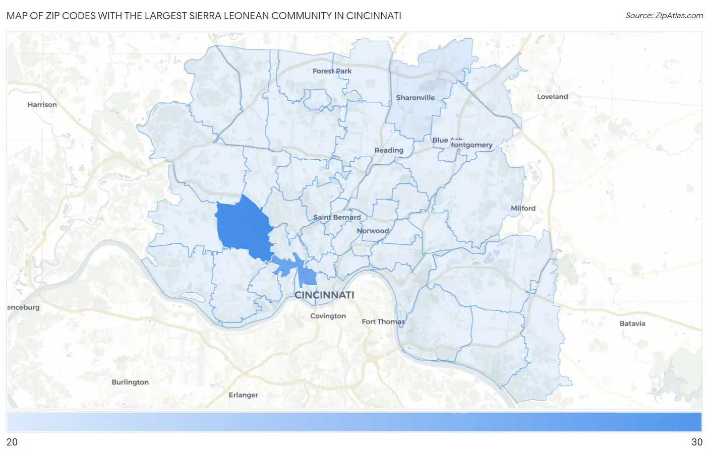 Zip Codes with the Largest Sierra Leonean Community in Cincinnati Map