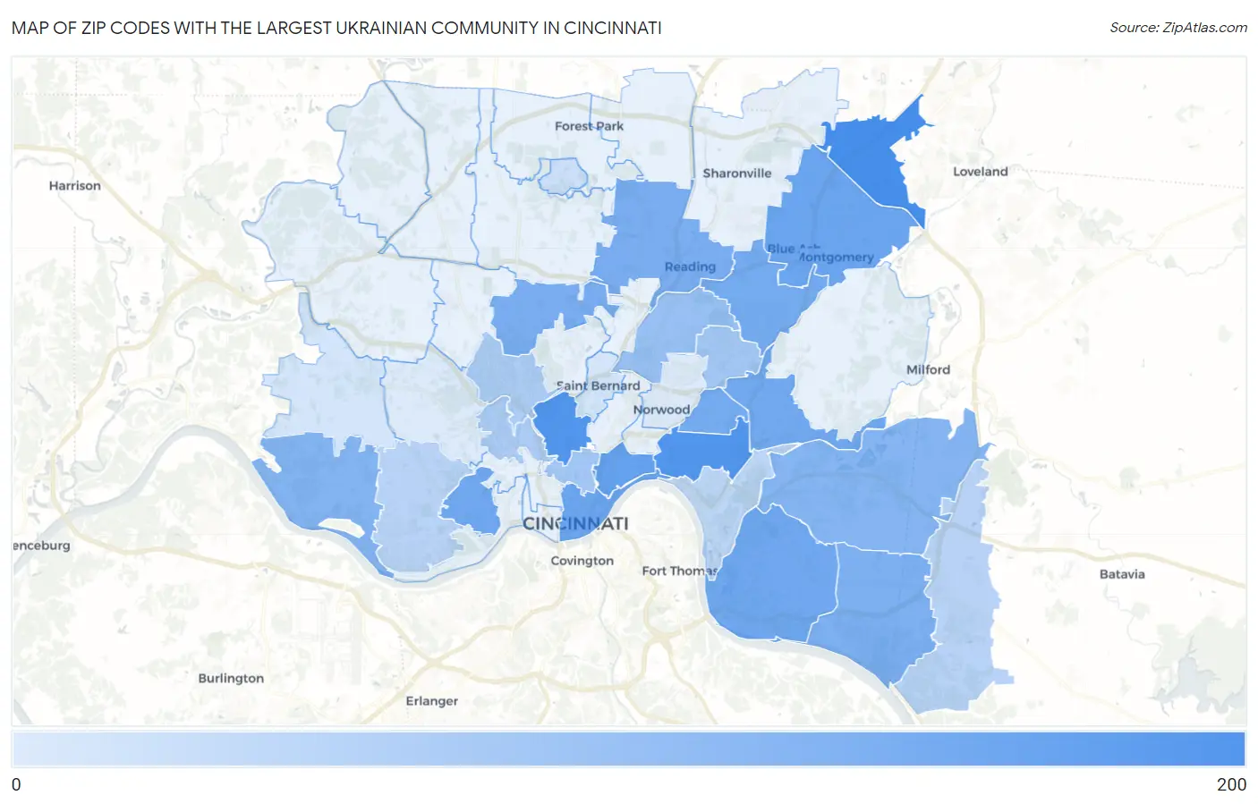 Zip Codes with the Largest Ukrainian Community in Cincinnati Map