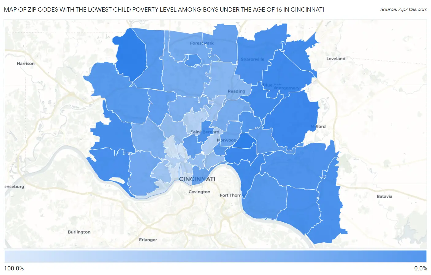 Zip Codes with the Lowest Child Poverty Level Among Boys Under the Age of 16 in Cincinnati Map