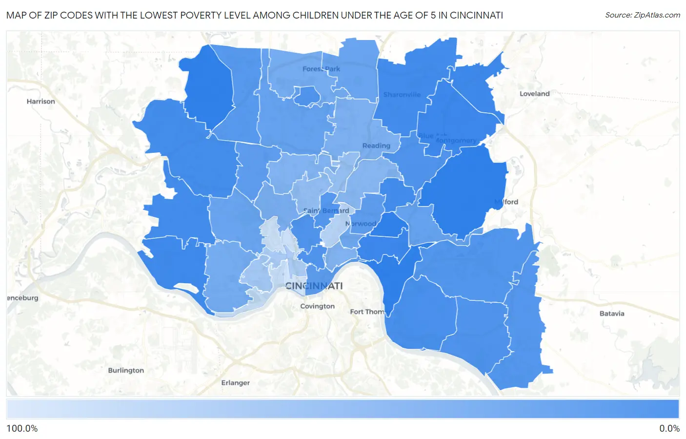 Zip Codes with the Lowest Poverty Level Among Children Under the Age of 5 in Cincinnati Map