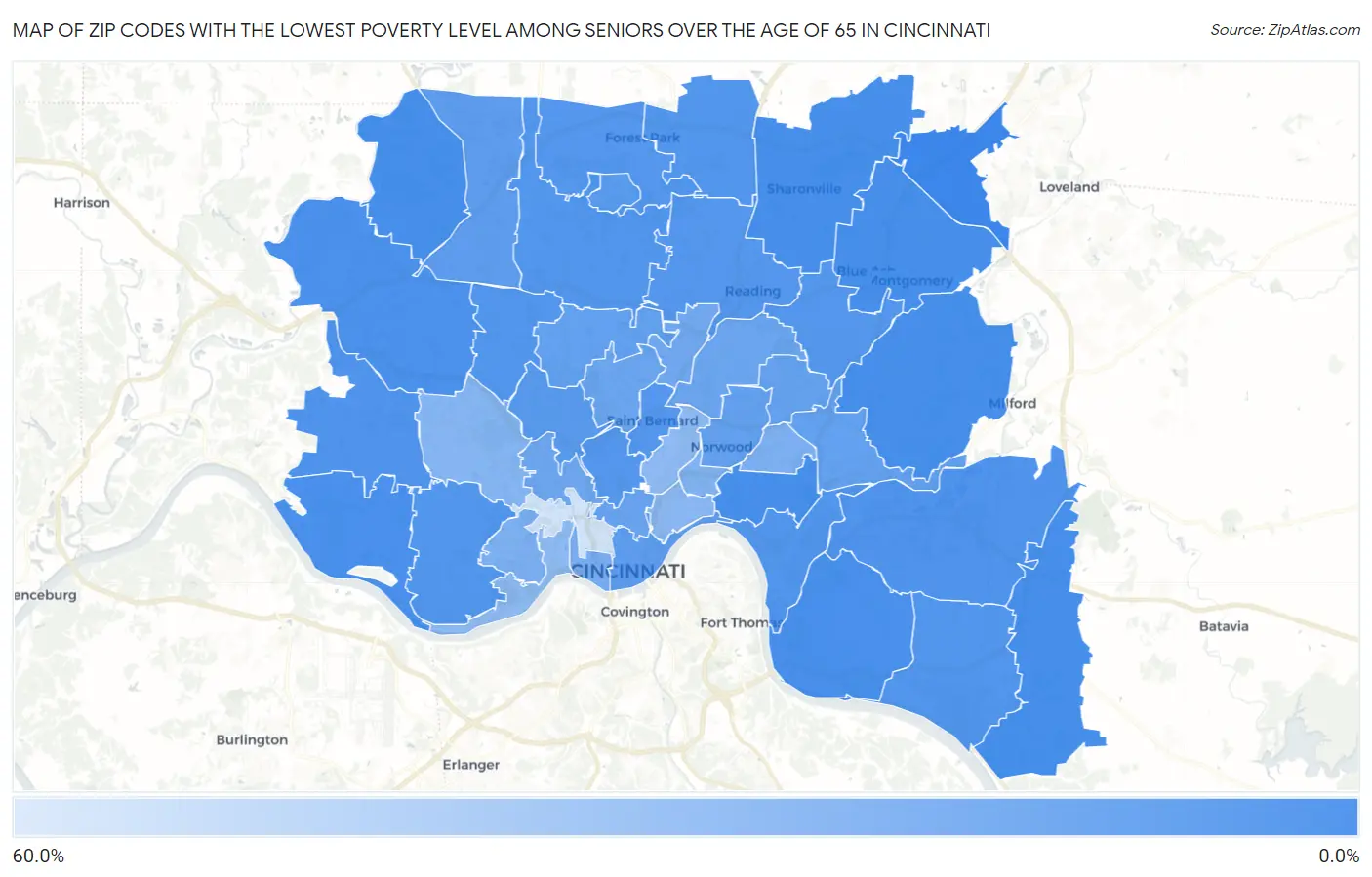 Zip Codes with the Lowest Poverty Level Among Seniors Over the Age of 65 in Cincinnati Map
