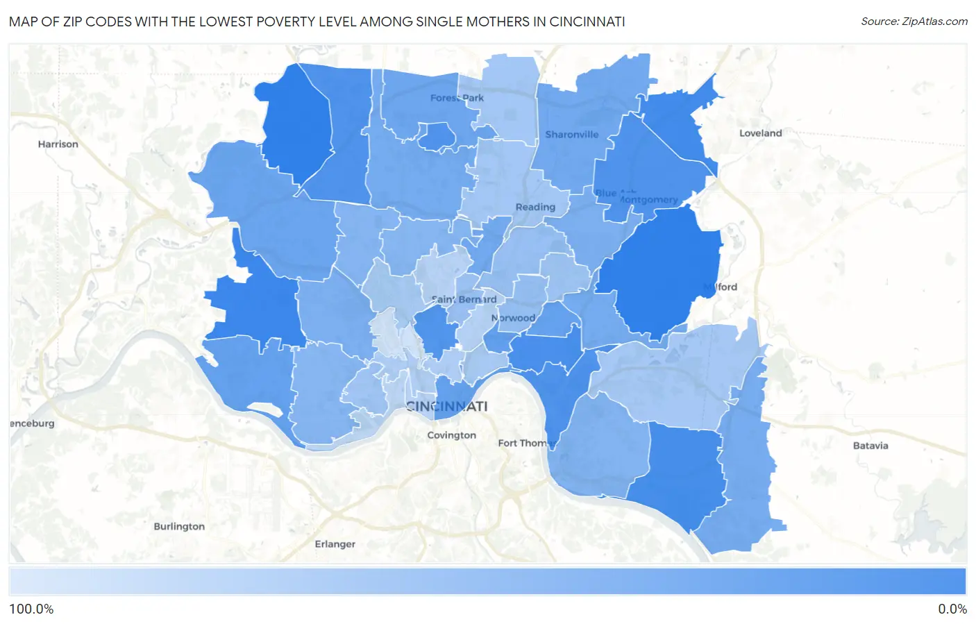 Zip Codes with the Lowest Poverty Level Among Single Mothers in Cincinnati Map