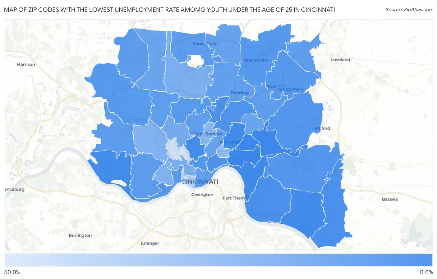 Zip Codes with the Lowest Unemployment Rate Amomg Youth Under the Age of 25 in Cincinnati Map