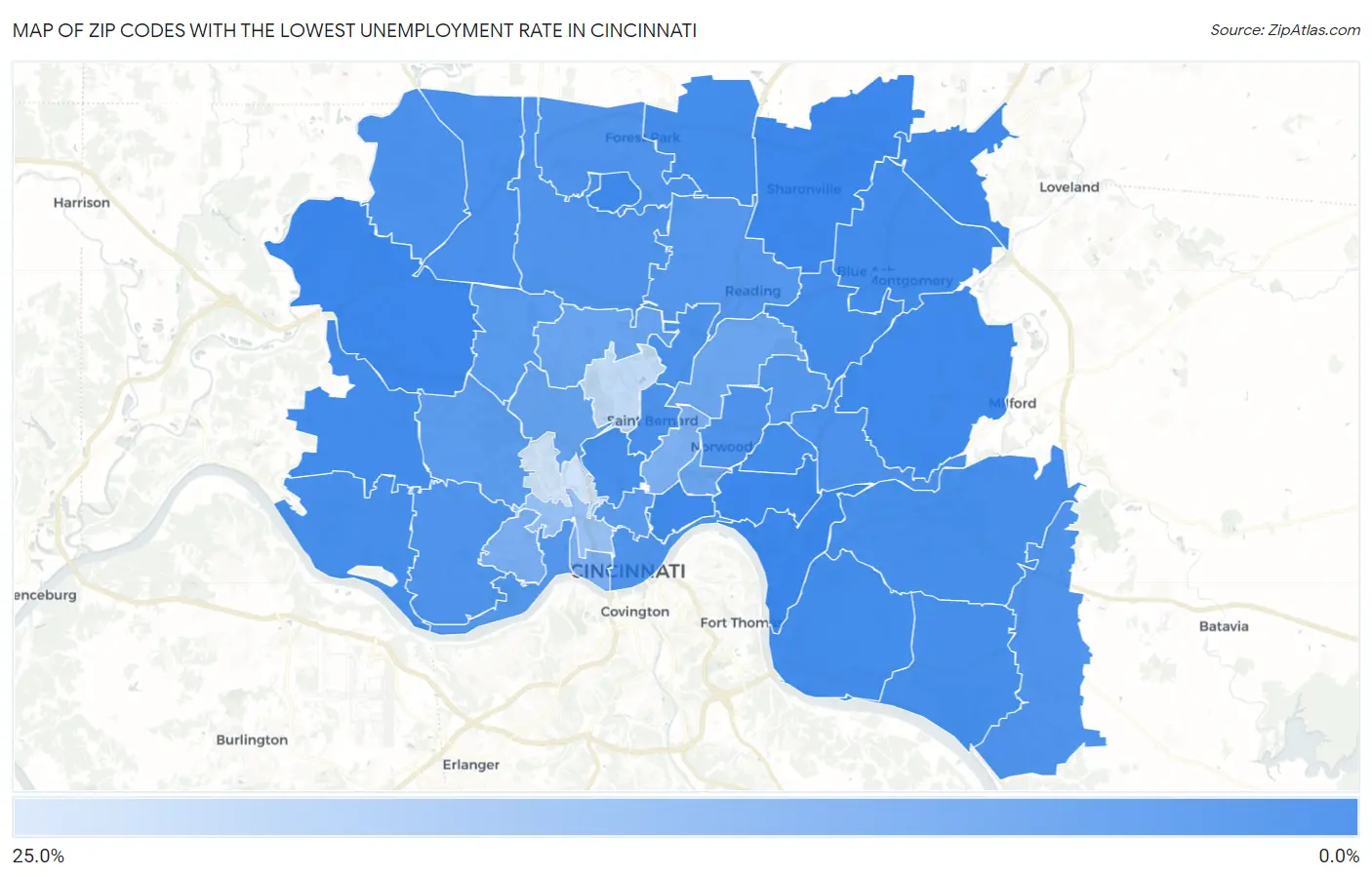 Zip Codes with the Lowest Unemployment Rate in Cincinnati Map