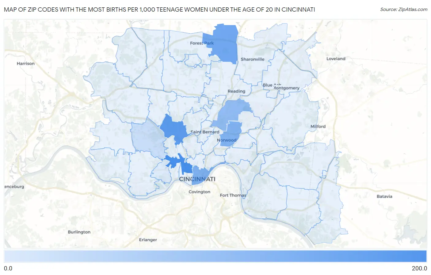 Zip Codes with the Most Births per 1,000 Teenage Women Under the Age of 20 in Cincinnati Map