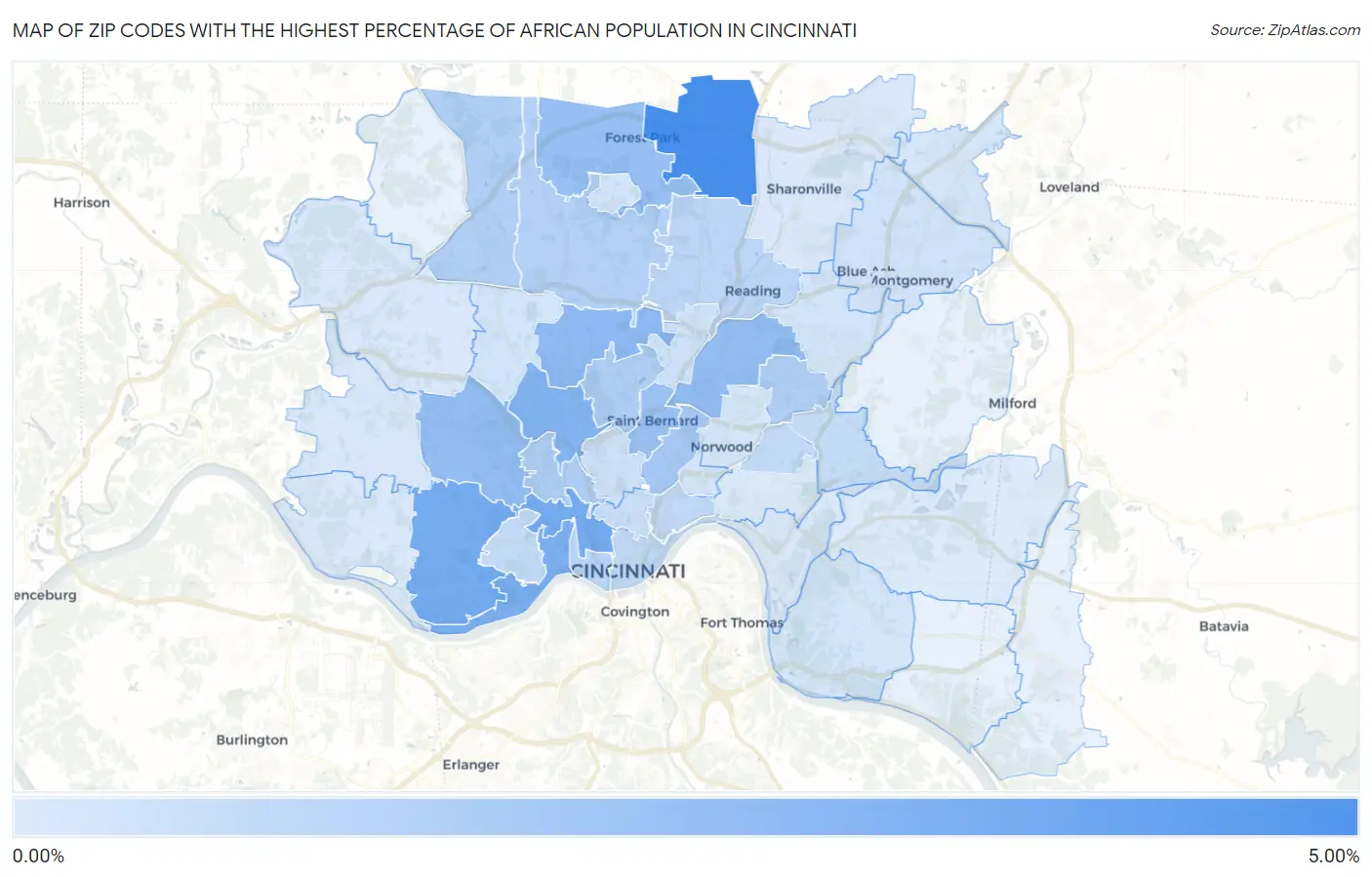 Zip Codes with the Highest Percentage of African Population in Cincinnati Map