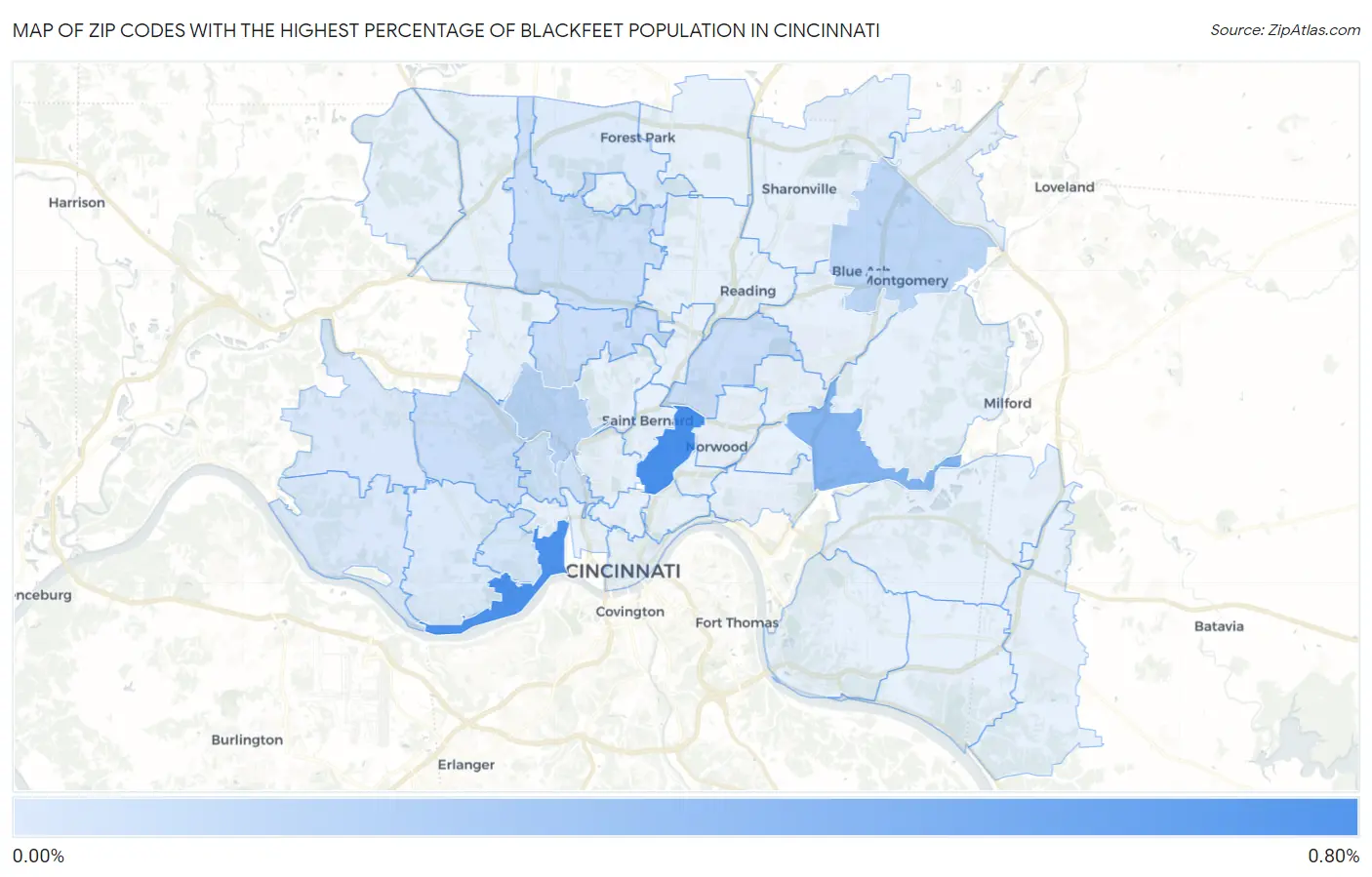 Zip Codes with the Highest Percentage of Blackfeet Population in Cincinnati Map