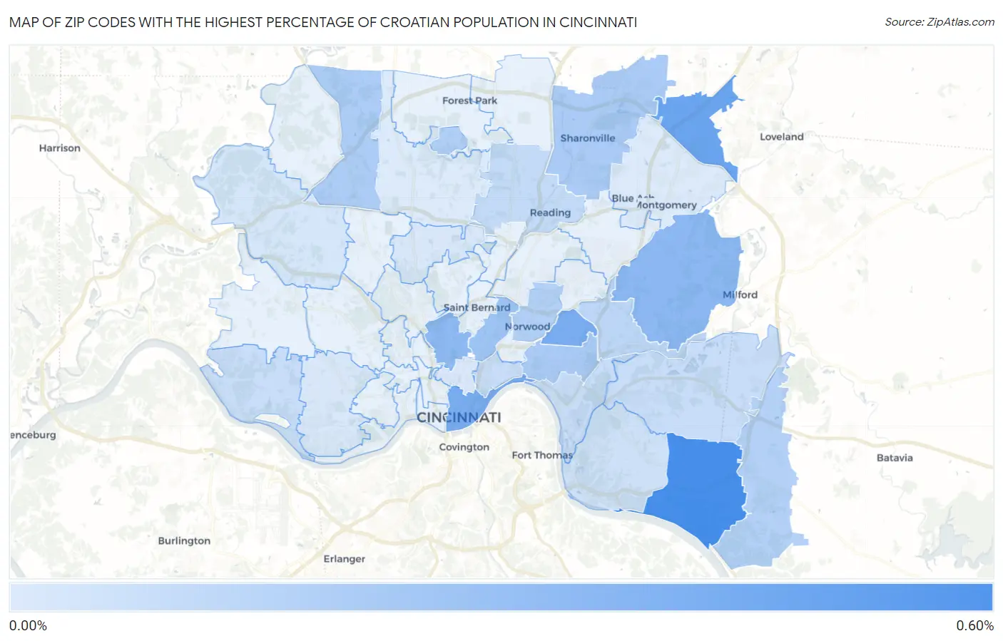Zip Codes with the Highest Percentage of Croatian Population in Cincinnati Map