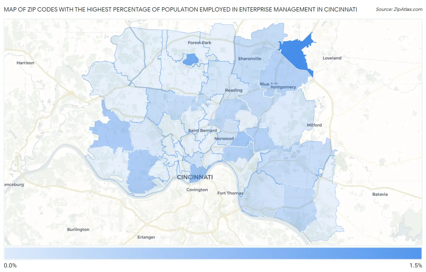 Zip Codes with the Highest Percentage of Population Employed in Enterprise Management in Cincinnati Map