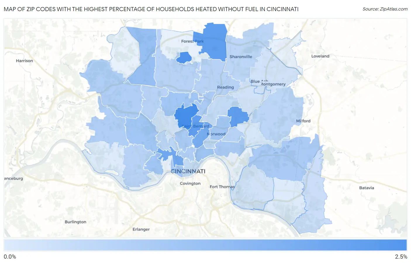 Zip Codes with the Highest Percentage of Households Heated without Fuel in Cincinnati Map