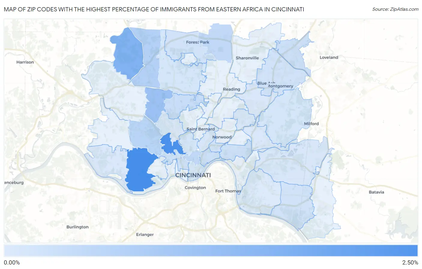 Zip Codes with the Highest Percentage of Immigrants from Eastern Africa in Cincinnati Map