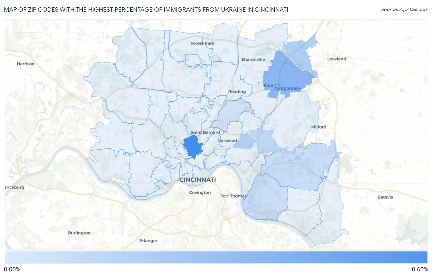 Zip Codes with the Highest Percentage of Immigrants from Ukraine in Cincinnati Map