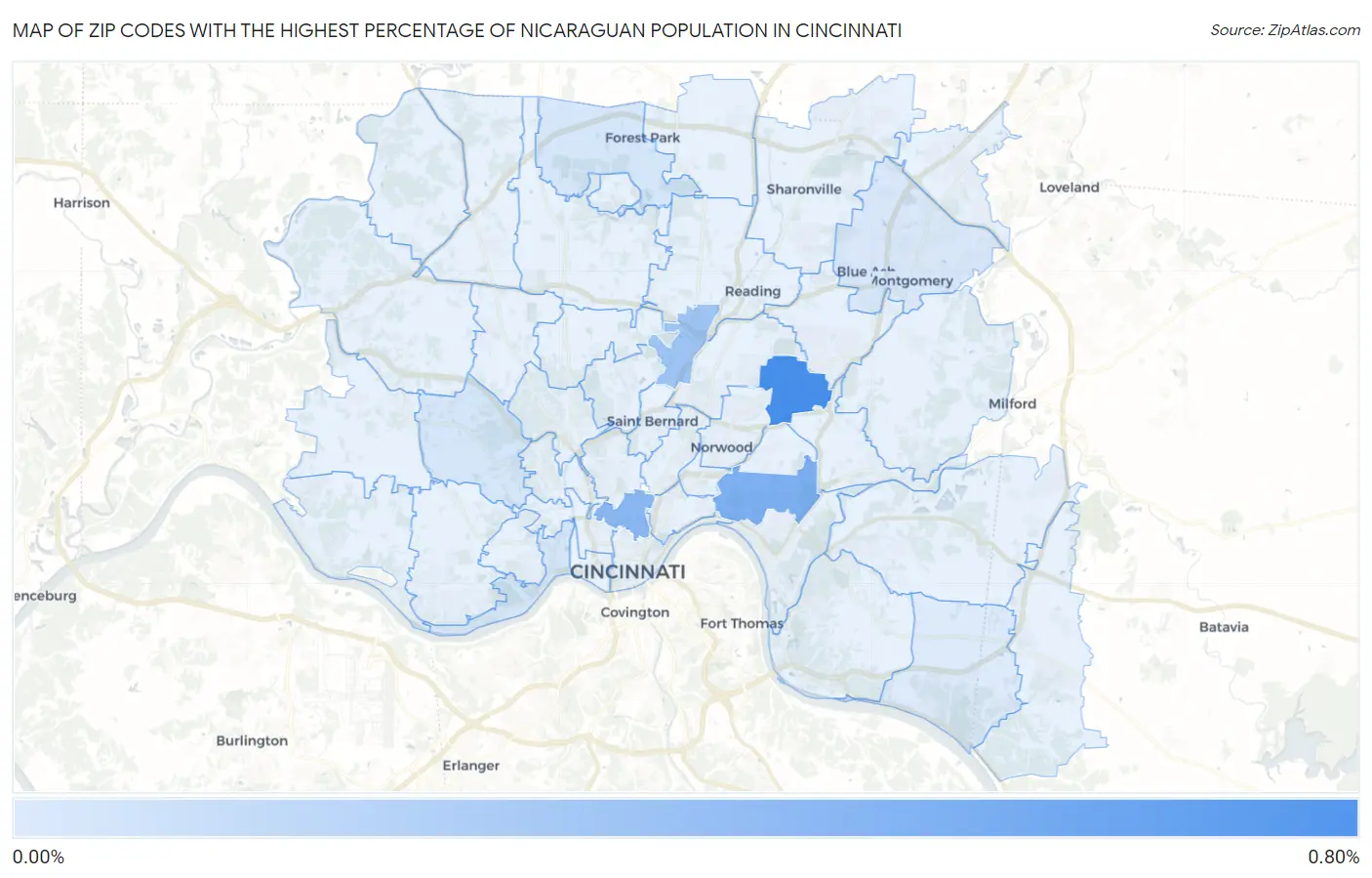 Zip Codes with the Highest Percentage of Nicaraguan Population in Cincinnati Map