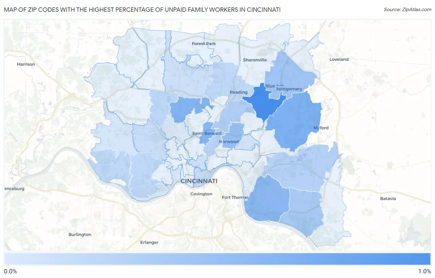 Zip Codes with the Highest Percentage of Unpaid Family Workers in Cincinnati Map