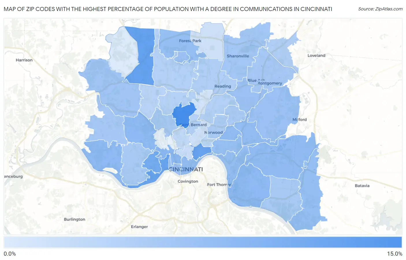 Zip Codes with the Highest Percentage of Population with a Degree in Communications in Cincinnati Map