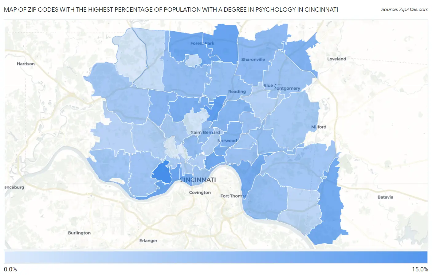 Zip Codes with the Highest Percentage of Population with a Degree in Psychology in Cincinnati Map