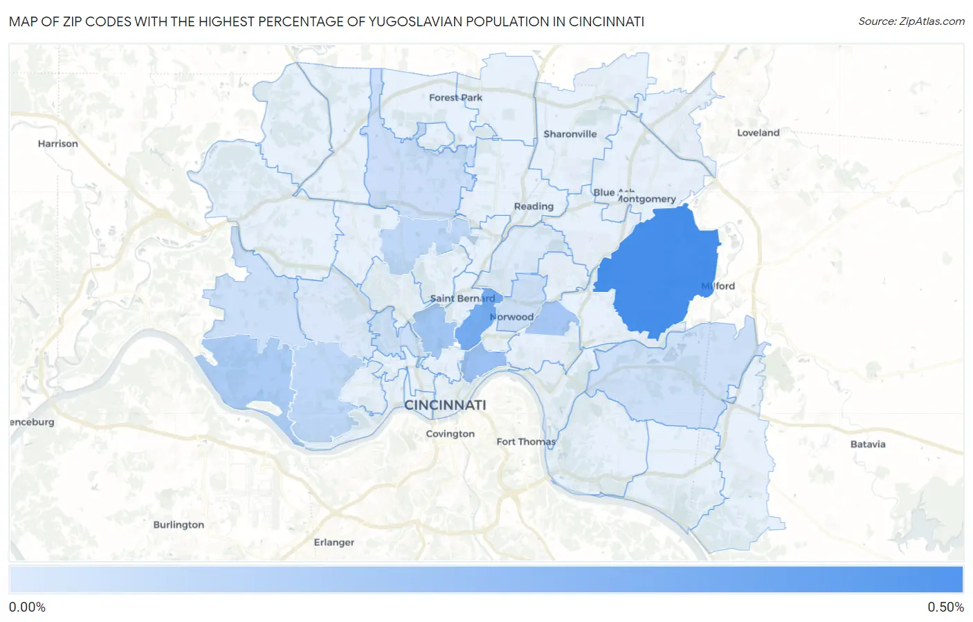 Zip Codes with the Highest Percentage of Yugoslavian Population in Cincinnati Map