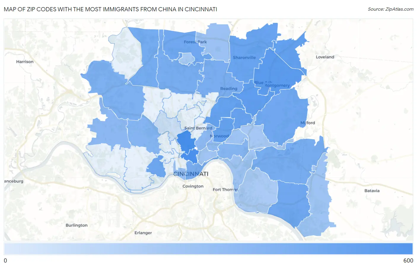 Zip Codes with the Most Immigrants from China in Cincinnati Map