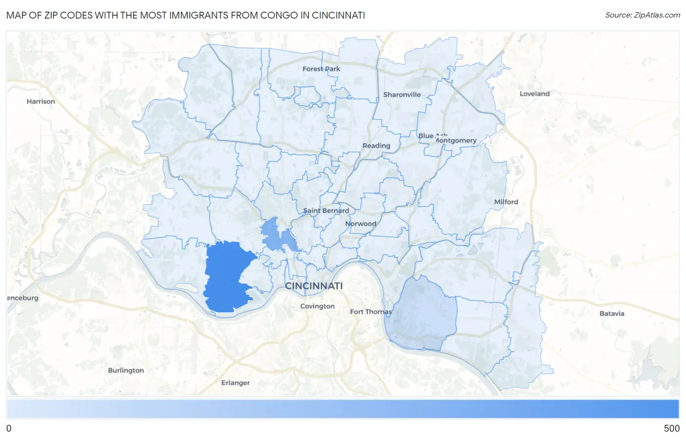 Zip Codes with the Most Immigrants from Congo in Cincinnati Map
