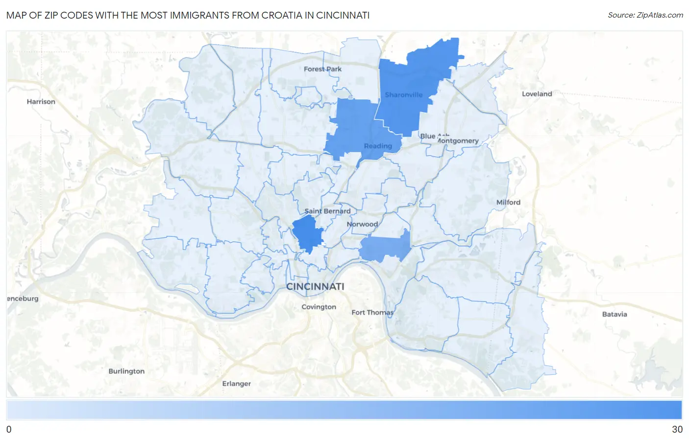 Zip Codes with the Most Immigrants from Croatia in Cincinnati Map