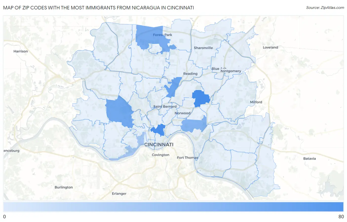 Zip Codes with the Most Immigrants from Nicaragua in Cincinnati Map