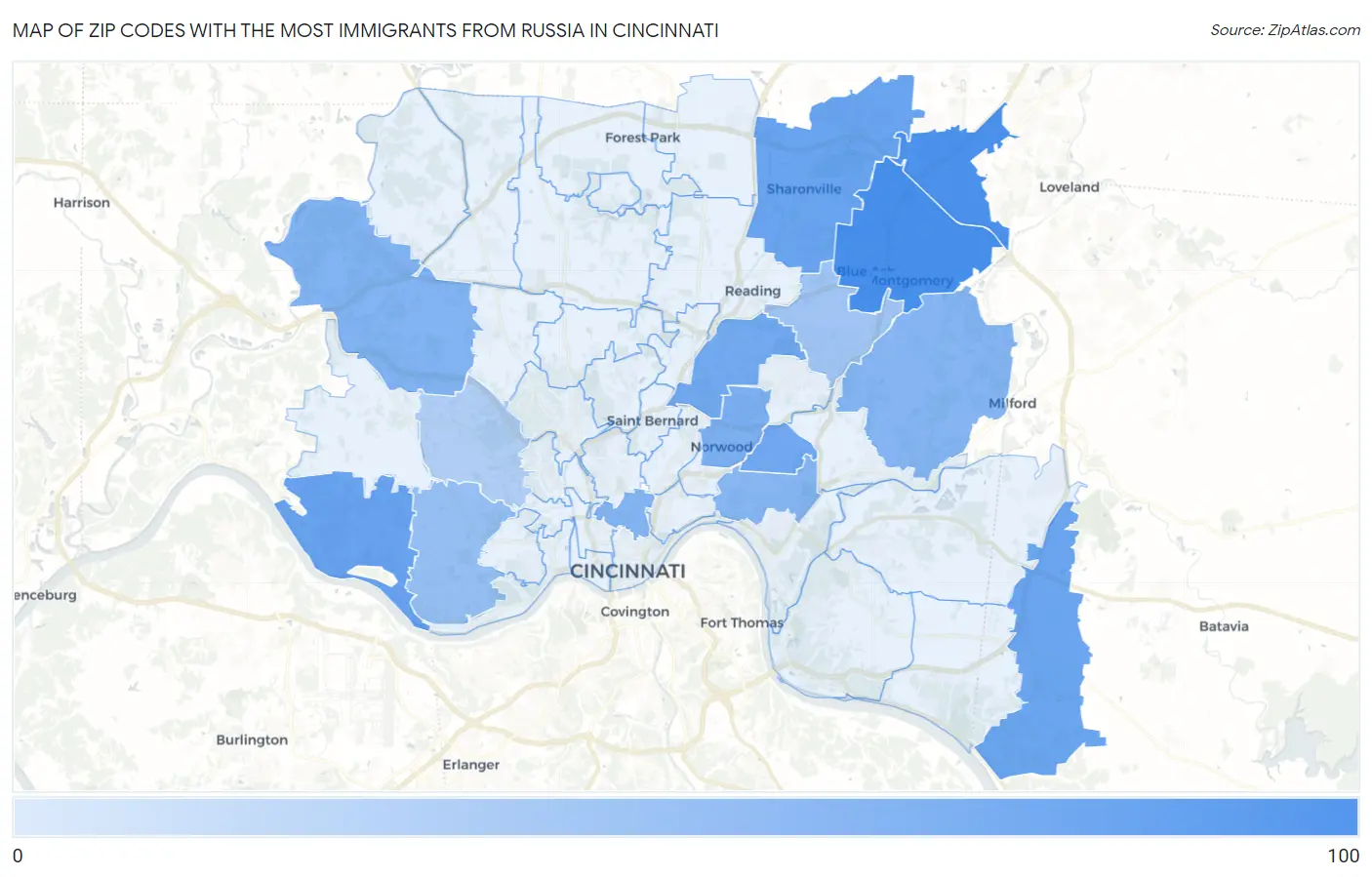 Zip Codes with the Most Immigrants from Russia in Cincinnati Map