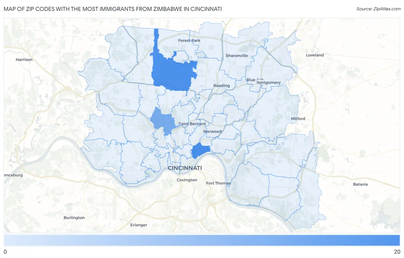 Zip Codes with the Most Immigrants from Zimbabwe in Cincinnati Map