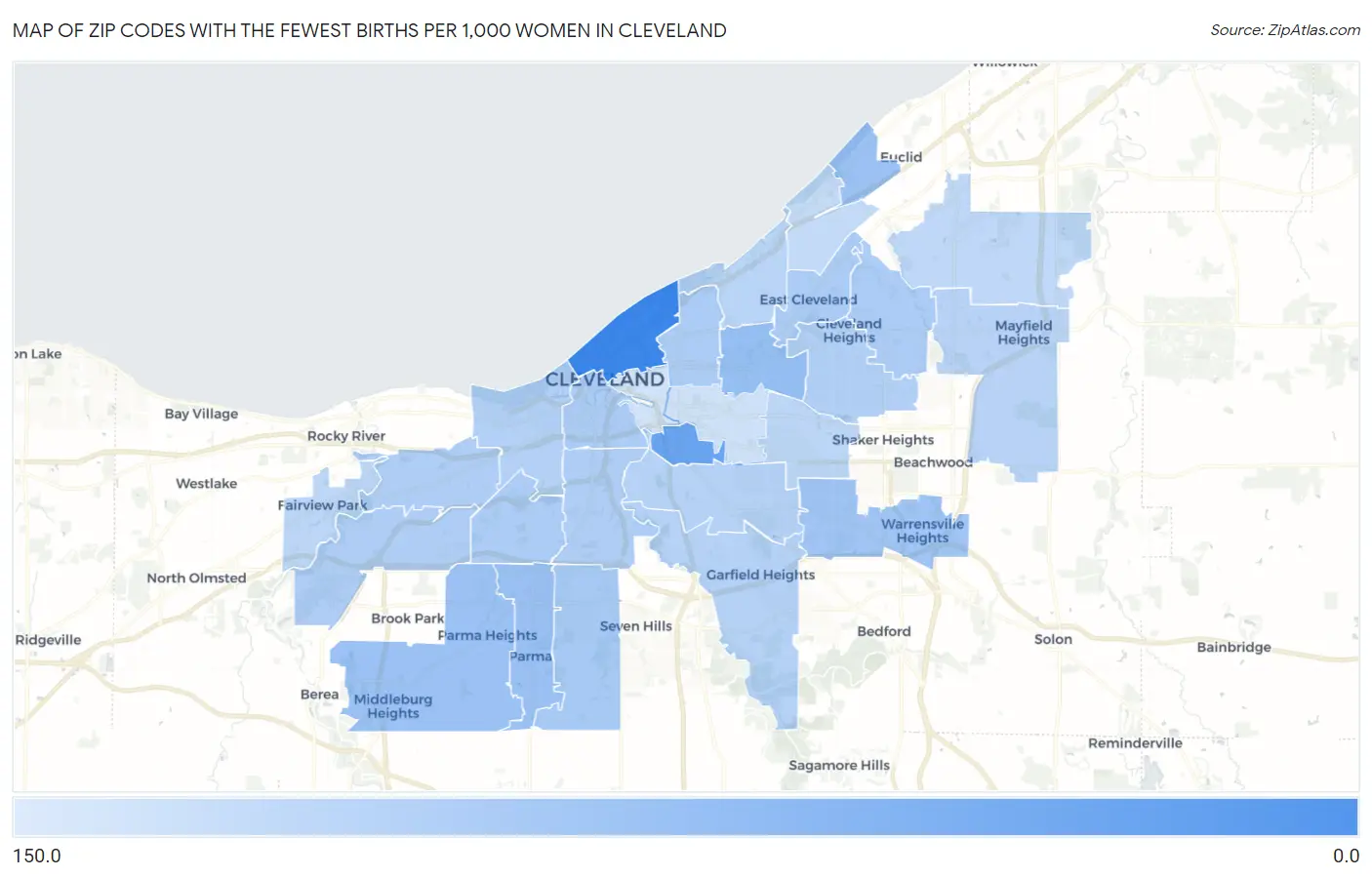 Zip Codes with the Fewest Births per 1,000 Women in Cleveland Map