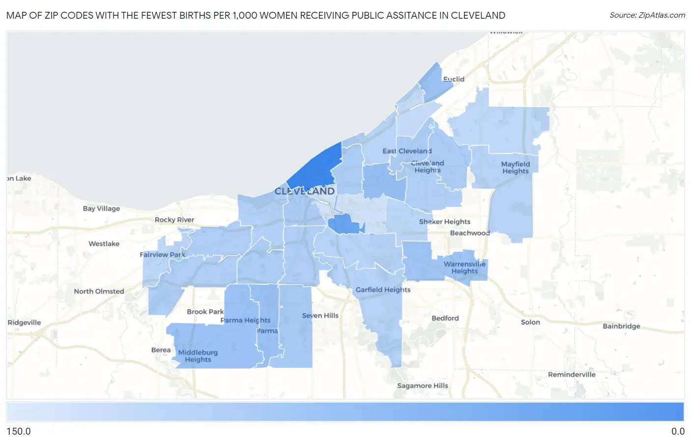 Zip Codes with the Fewest Births per 1,000 Women Receiving Public Assitance in Cleveland Map