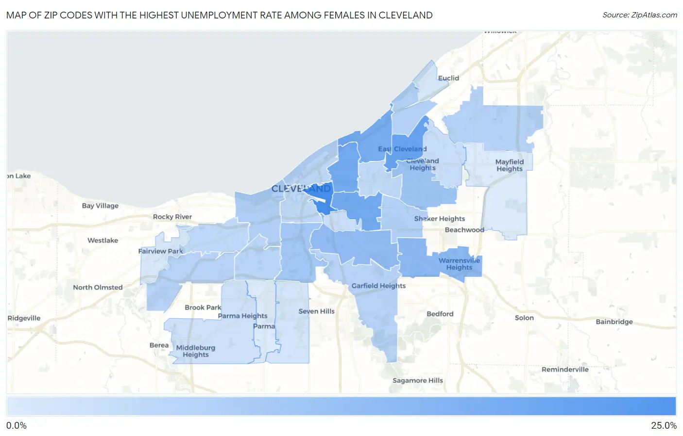 Zip Codes with the Highest Unemployment Rate Among Females in Cleveland Map