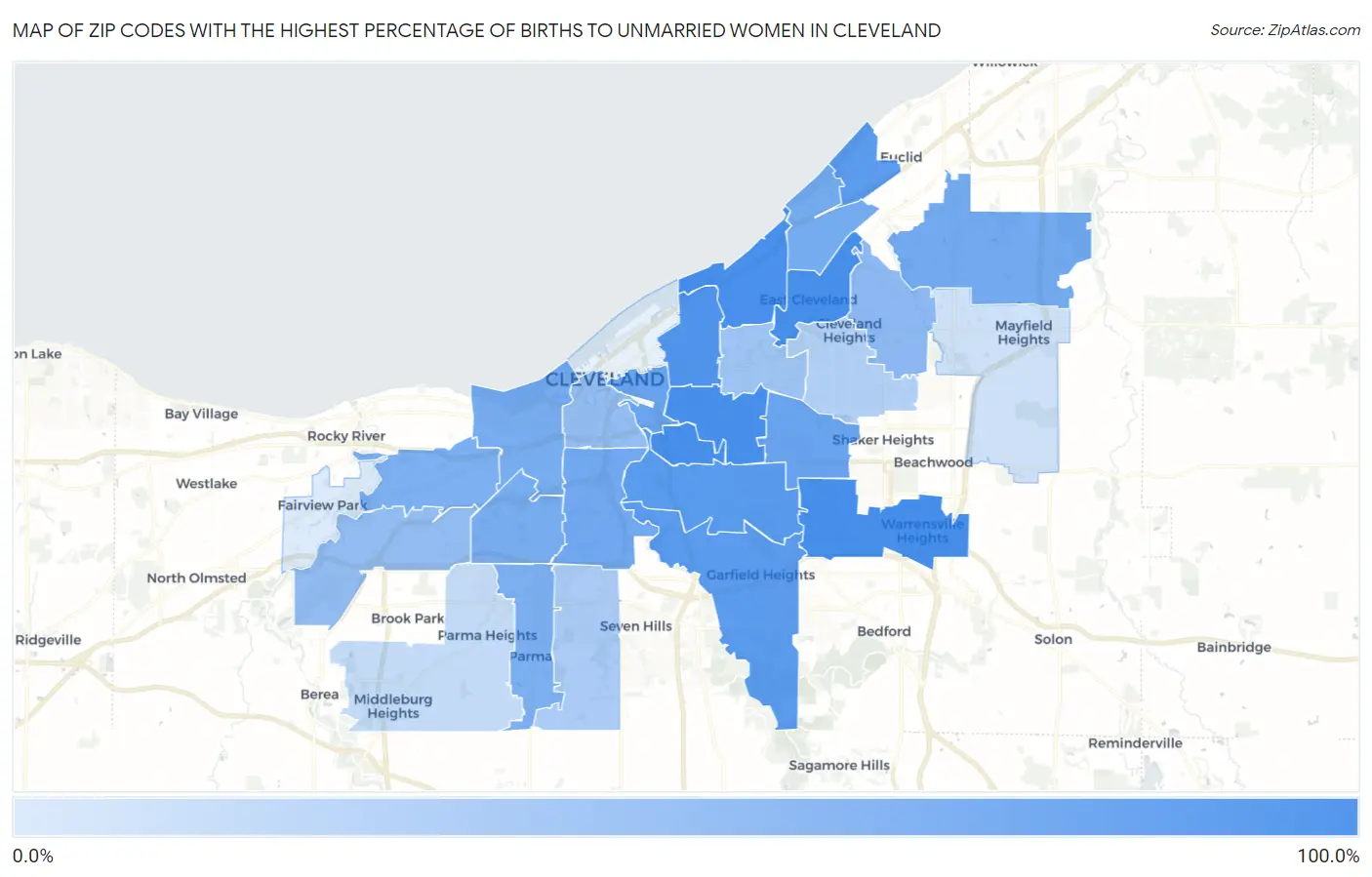 Zip Codes with the Highest Percentage of Births to Unmarried Women in Cleveland Map