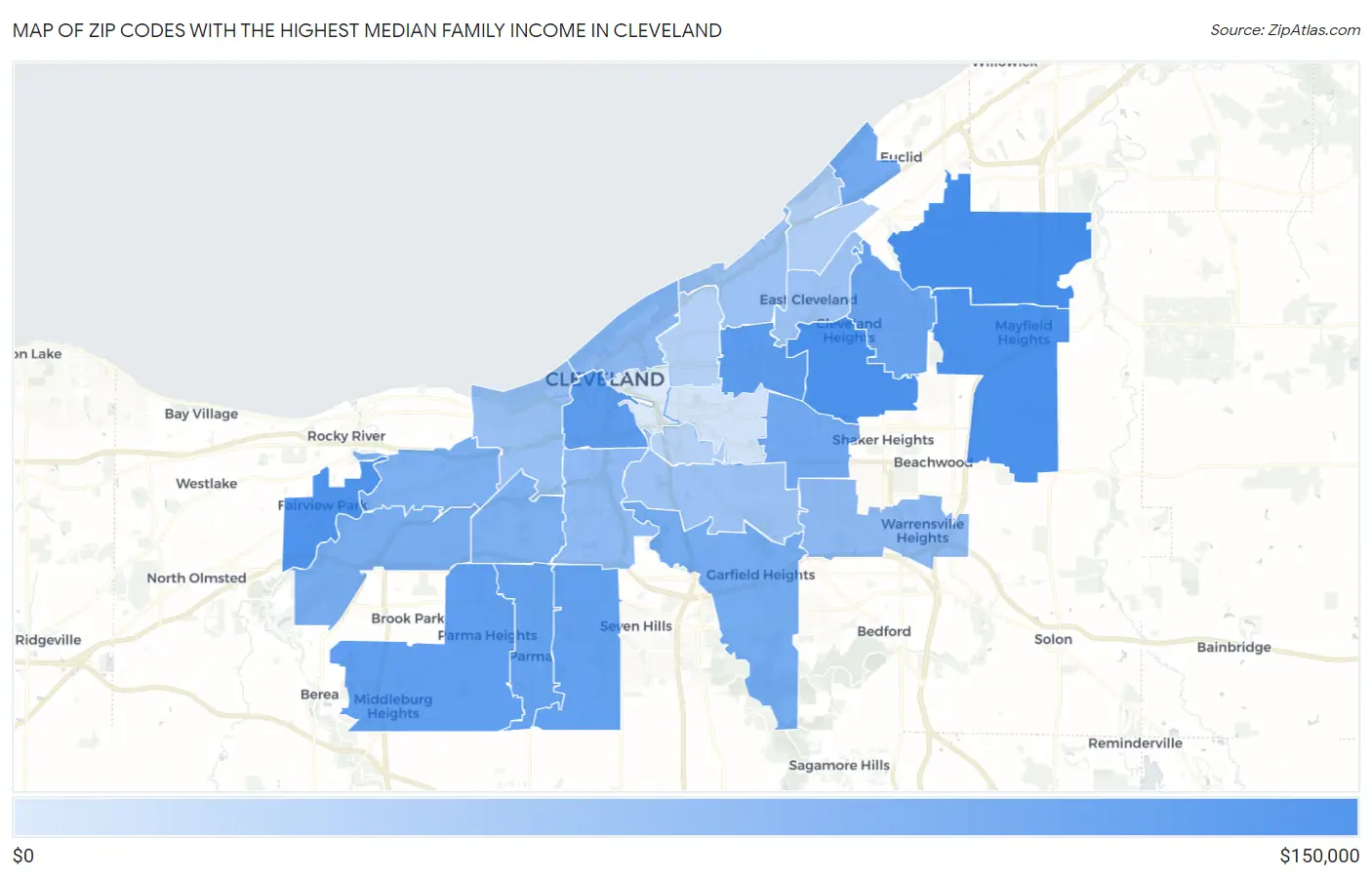 Zip Codes with the Highest Median Family Income in Cleveland Map