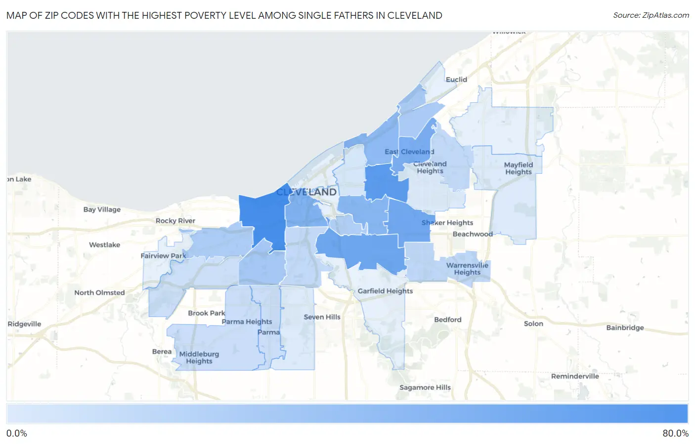 Zip Codes with the Highest Poverty Level Among Single Fathers in Cleveland Map